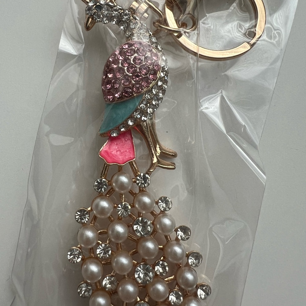 Elegant Gold and Pink Crystal Peacock Keychain